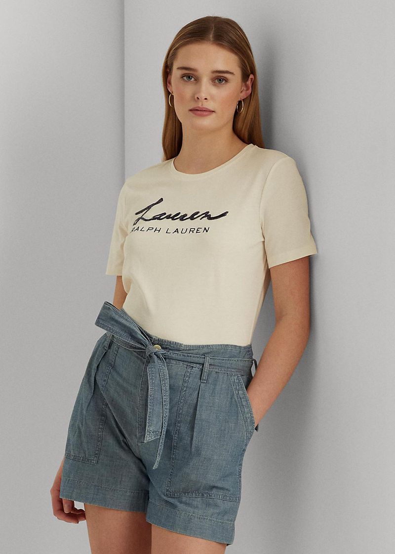 Koszulki Lauren Damska Białe Sequinned Logo Jersey 253087-JDT